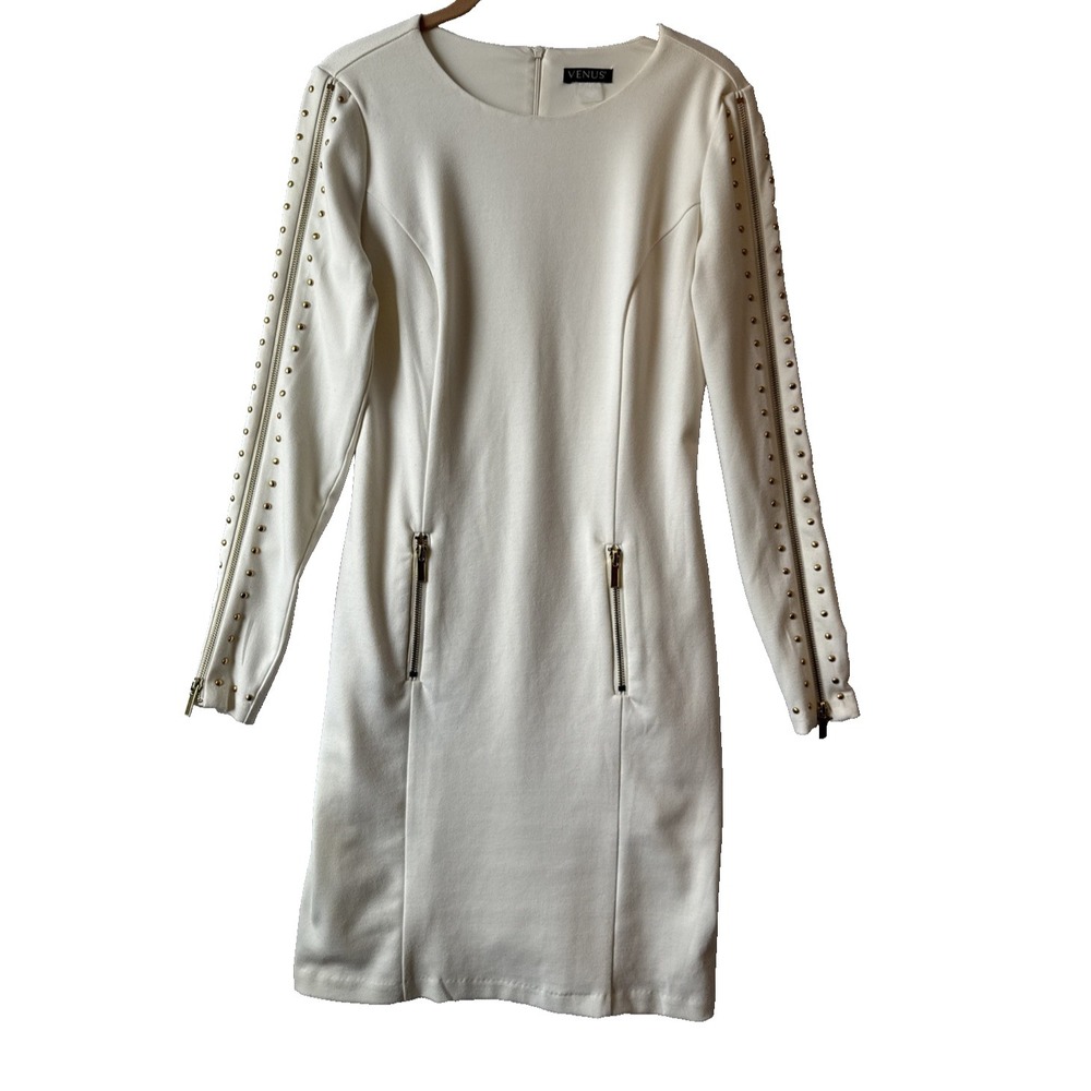 Venus Cream Bodycon Mini Dress Gold Studded Zipper Sleeves Moto Cocktail S/M